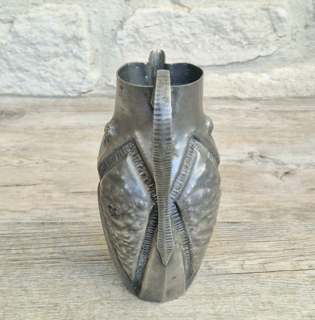 Antique French Art Deco Pewter Pitcher by Alice and Eugene Chanal Hand Hammered Jug Signed
