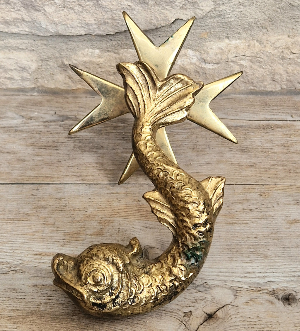 Vintage Heavy Cast Brass Maltese Cross & Dolphin Door Knocker 1950's