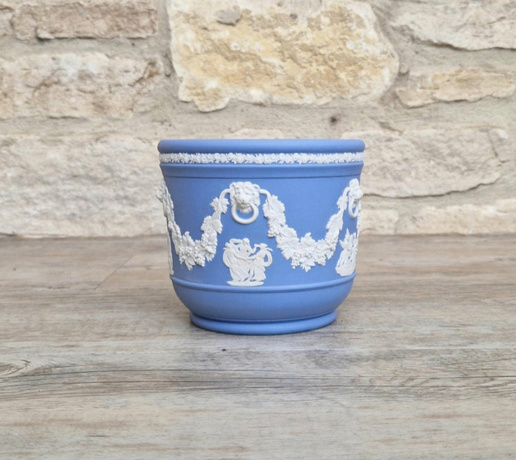 Wedgwood Jasperware Blue & White Neoclassical Sprigged Cachepot Planter Vase