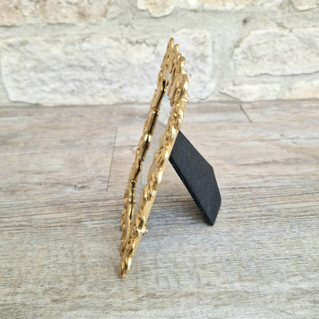 Vintage Ornate Gold Heart Stand Up Mirror, Metal Frame Vanity Decor, Avant Garde 16x12cm