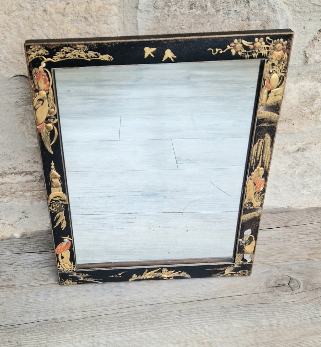 Antique Edwardian Chinoserie Black & Gilt Japanned Rectangular Wall Mirror