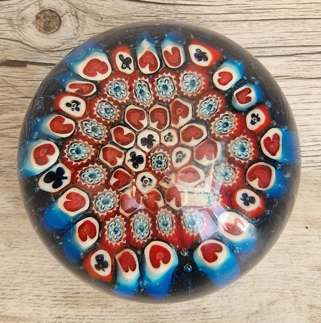 Vintage Murano Red and Blue Glass Hearts & Clubs Millifiore Round Paperweight
