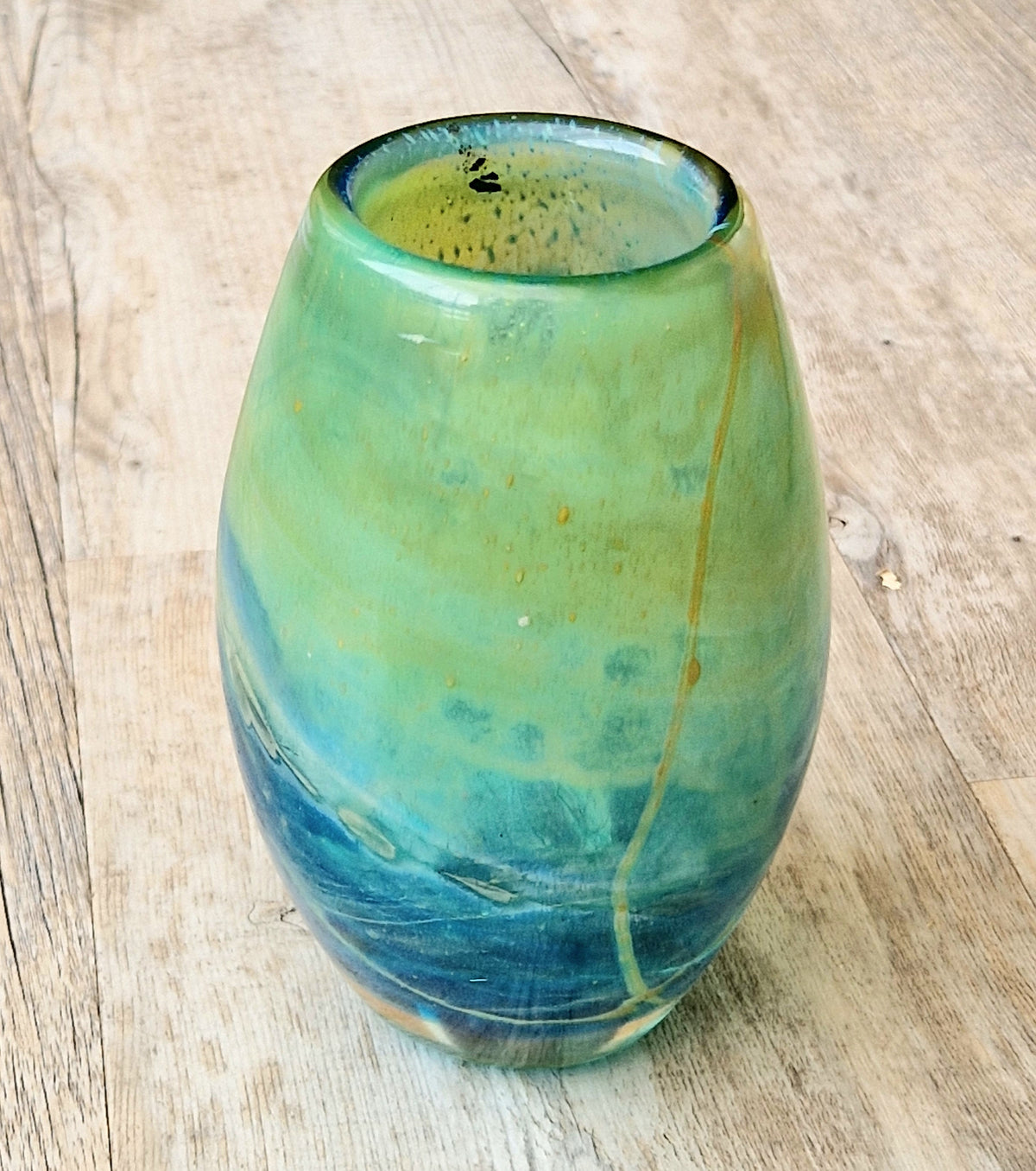 Vintage Mdina Maltese Art Glass Tiger Vase 16cm Signed Mid Century Blue Green 1kg