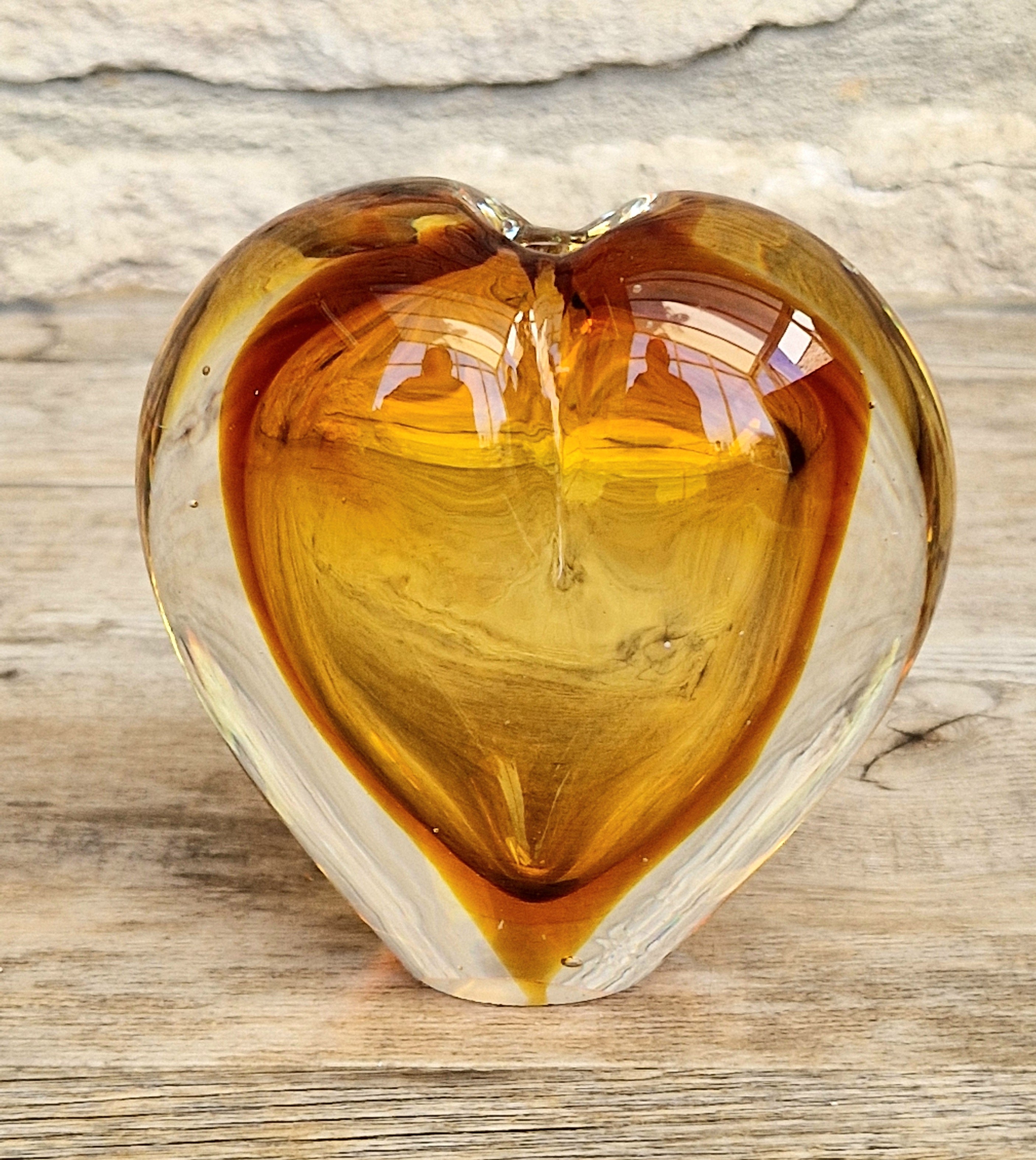 Vintage Mid Century Murano Sommerso Amber Art Glass Heart Vase Paperweight Seguso Sculptural Decor