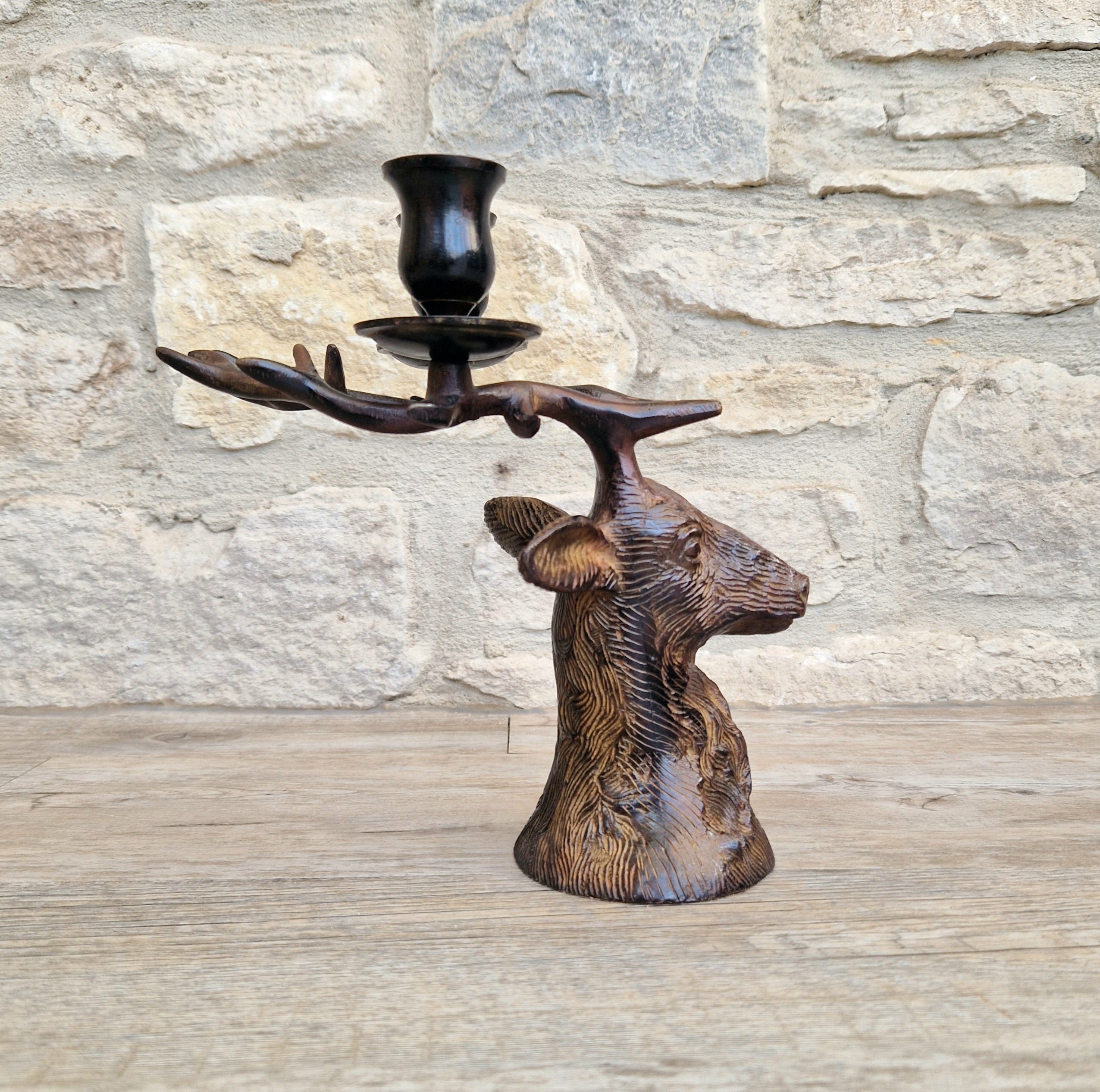 Vintage Heavy Patinated Bronze Stag Head Bust Double Candle Holder Table Decor
