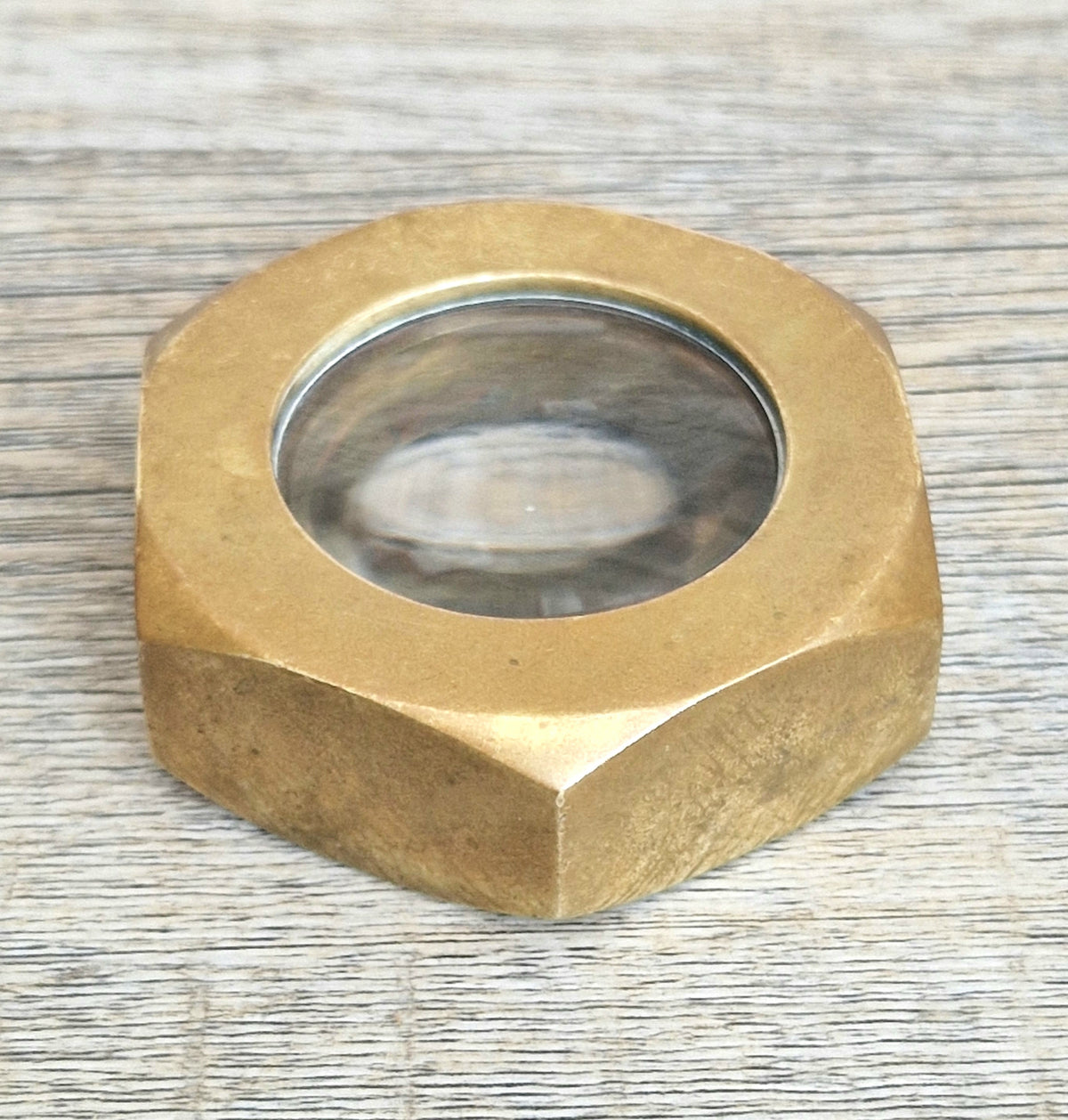 Carl Auböck Brass Hexagon Nut Magnifier Paperweight, Vintage Austria Werkstätte 1950s Desk Accessory, Model 5071 Authentic