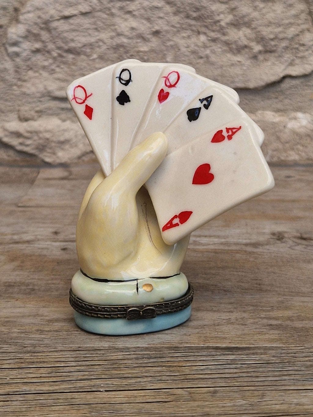 Vintage Rare Limoges Ceramic Poker Hand Full House Card Trinket Pill Box Casino