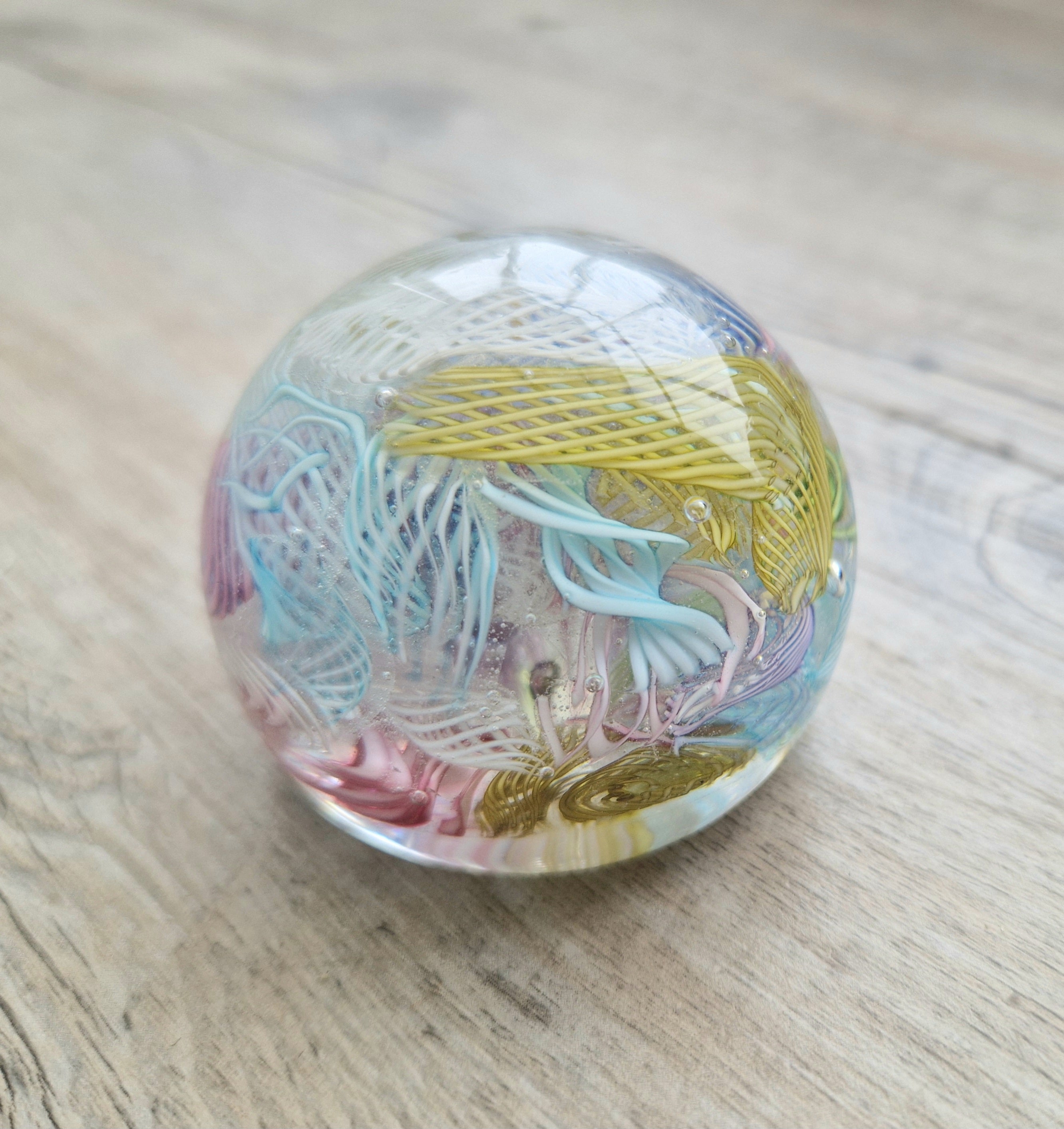 Vintage Murano Art Glass Paperweight with Scrambled Latticino & Zanfirico Canes