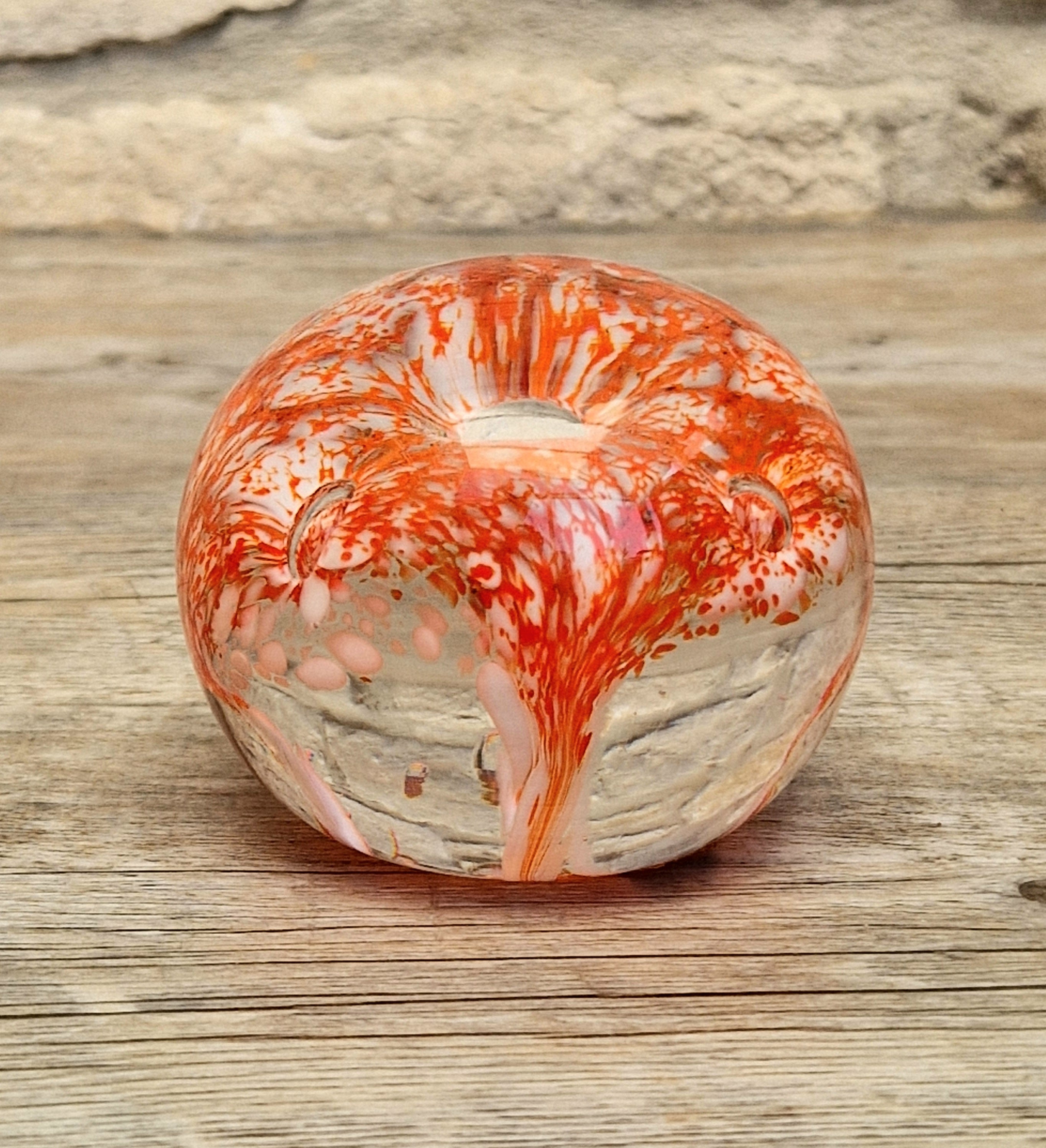 Vintage Rare Liskeard Glass Cornwall Orange & White Bubble Sphere Paperweight 1975