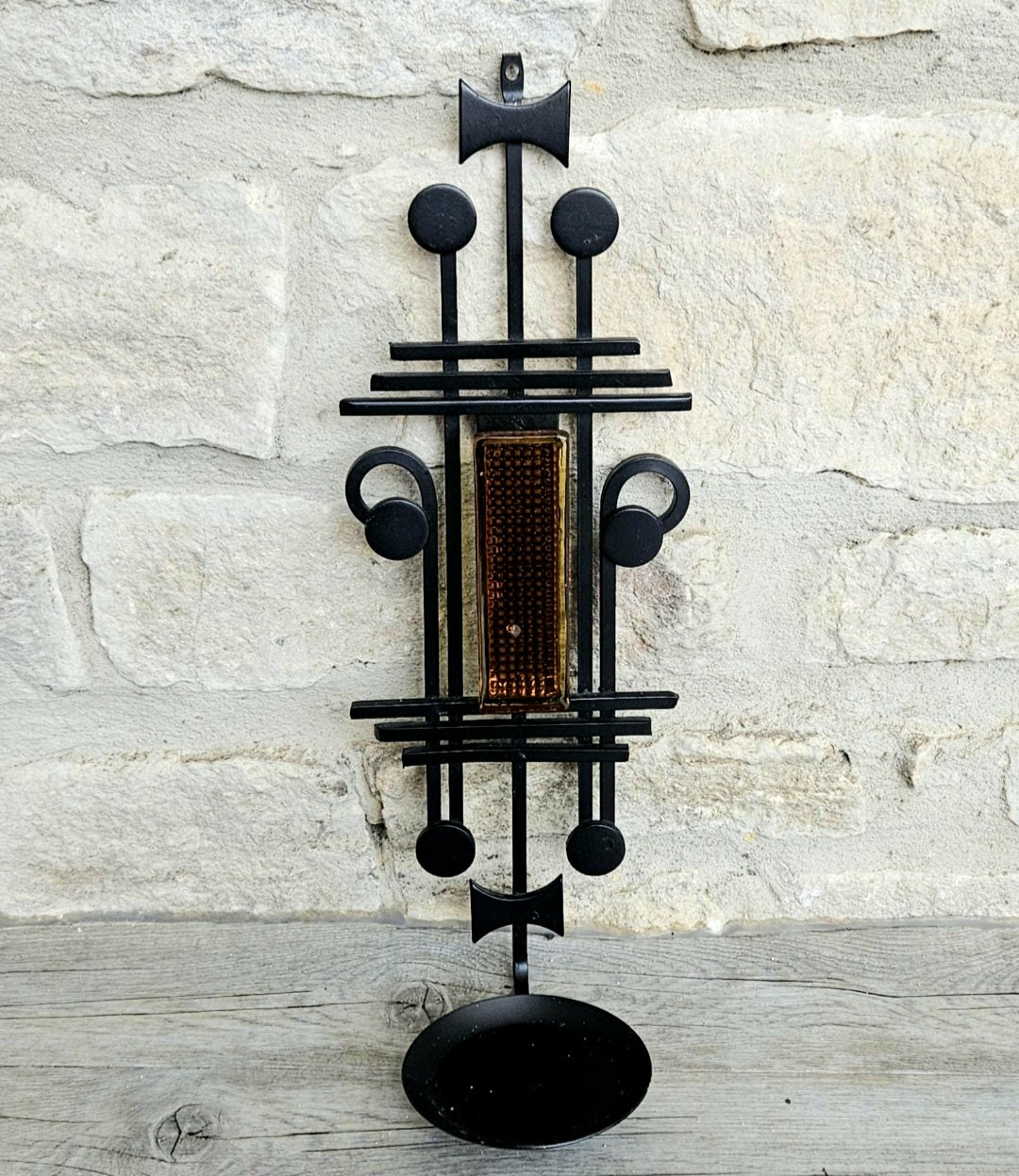 Midcentury Gothic Danish Iron & Orange Glass Candle Sconce Dantoft Denmark, Wall Mount Vintage Decor