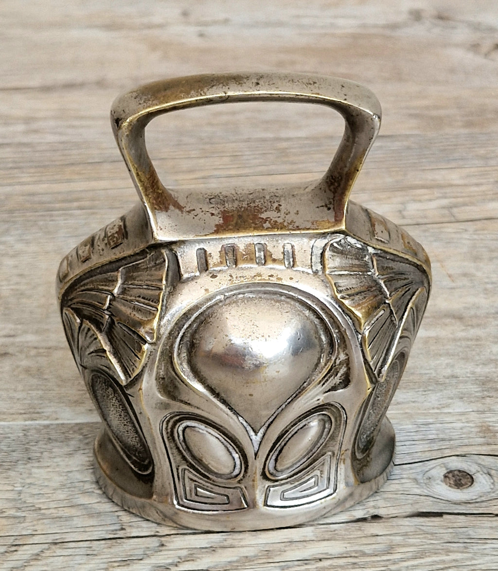 Antique Art Nouveau Silvered Bronze Large Ornate Decorated Table Bell