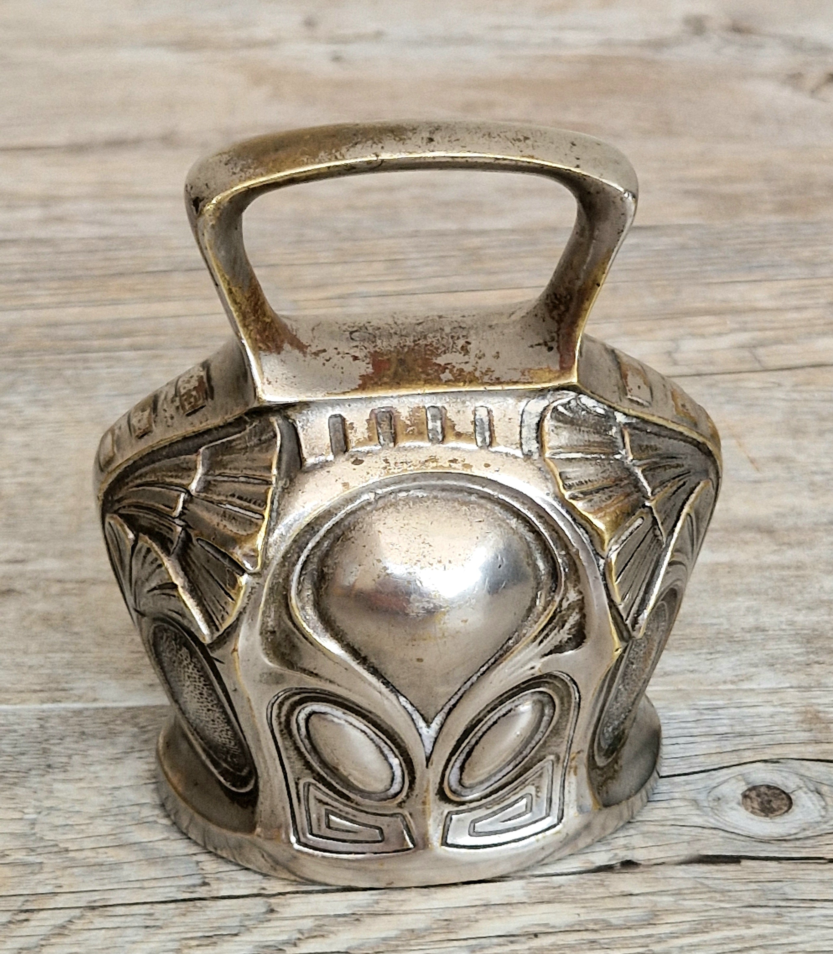 Antique Art Nouveau Silvered Bronze Large Ornate Decorated Table Bell