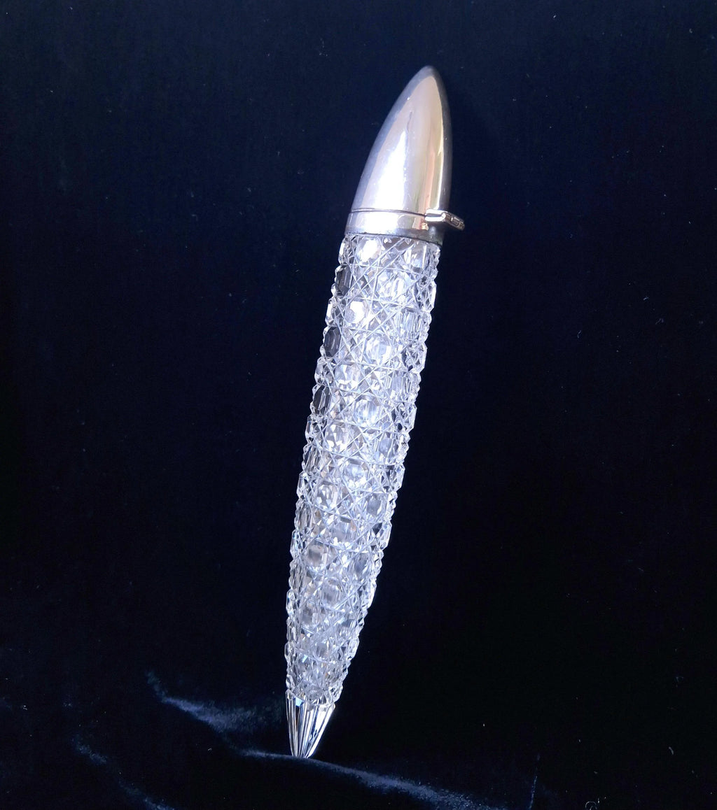 Victorian Cut Glass Silver Plated 'Lay-Down' Spearhead Scent Bottle Rare Fine English Crystal