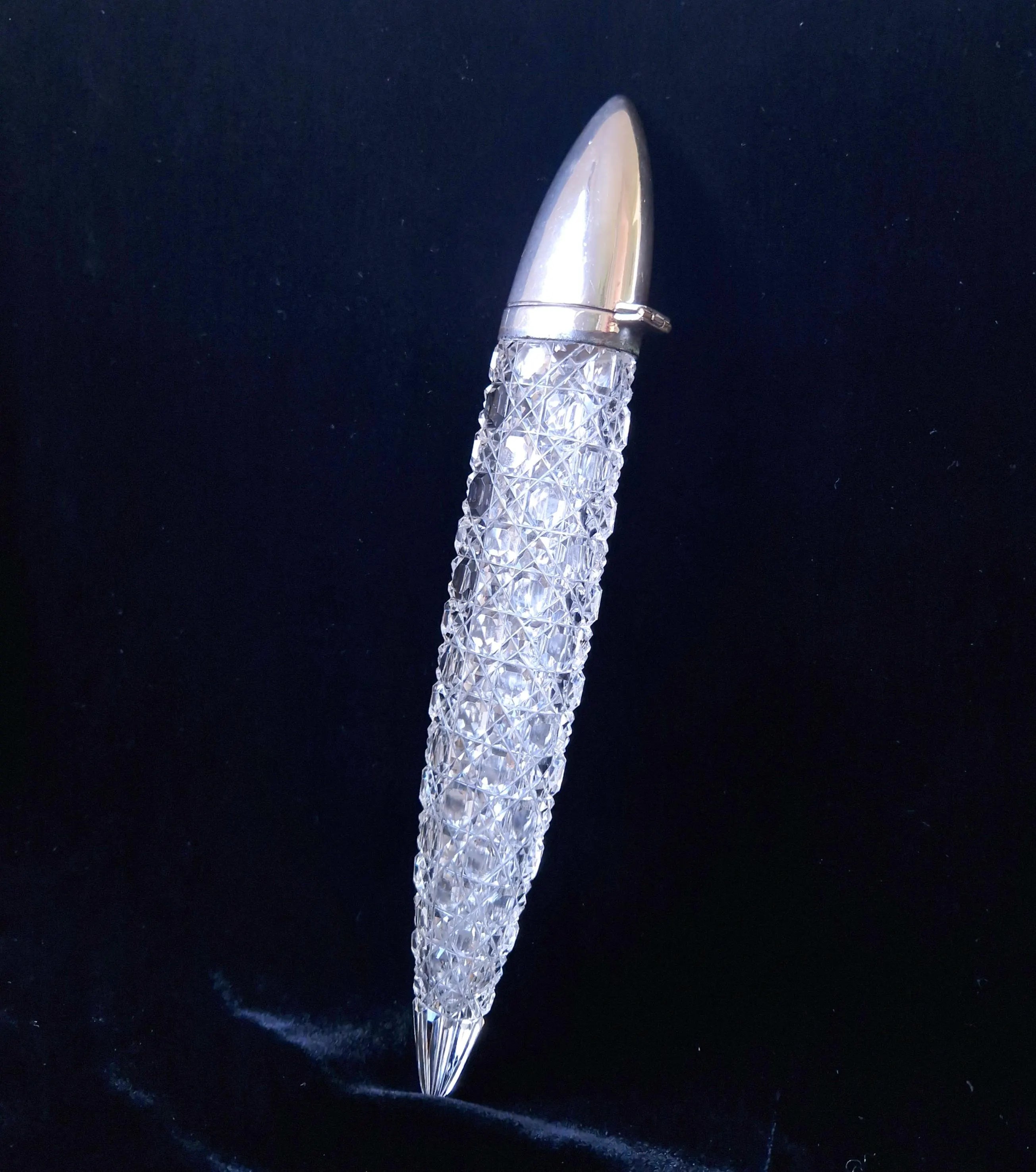 Victorian Cut Glass Silver Plated 'Lay-Down' Spearhead Scent Bottle Rare Fine English Crystal