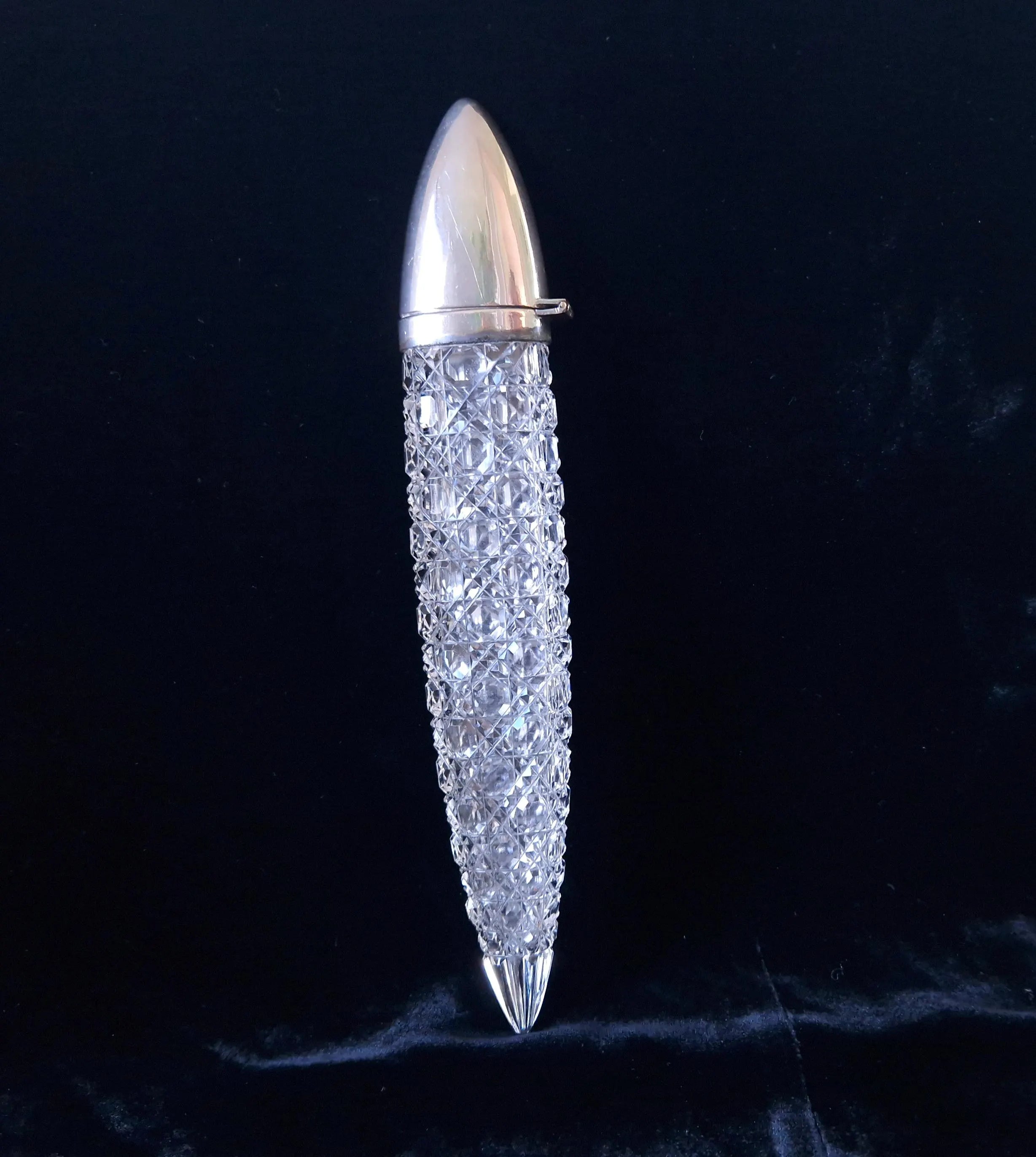 Victorian Cut Glass Silver Plated 'Lay-Down' Spearhead Scent Bottle Rare Fine English Crystal
