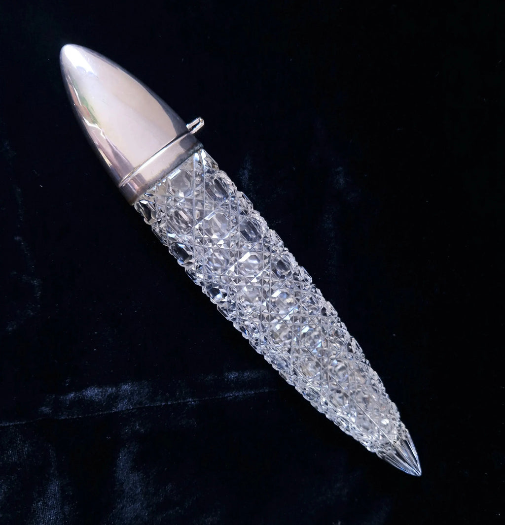 Victorian Cut Glass Silver Plated 'Lay-Down' Spearhead Scent Bottle Rare Fine English Crystal