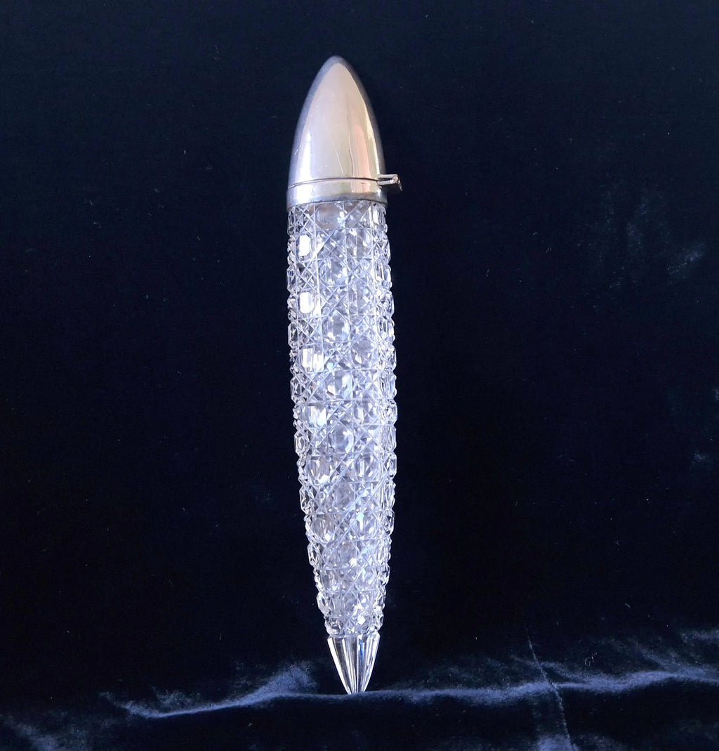 Victorian Cut Glass Silver Plated 'Lay-Down' Spearhead Scent Bottle Rare Fine English Crystal