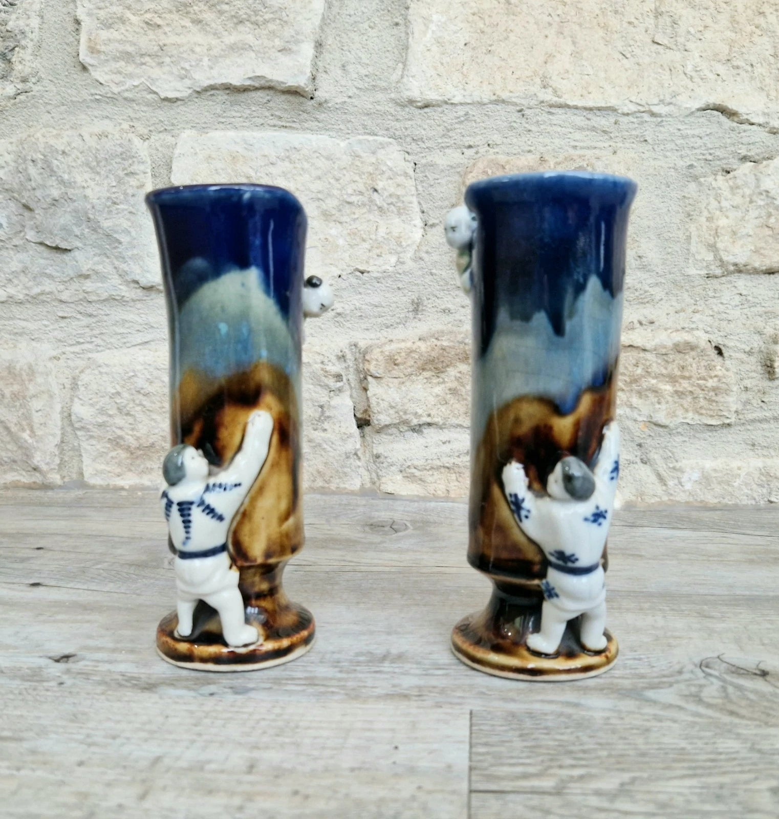 Pair of Japanese Sumida Gawa Ceramic Spill Vases