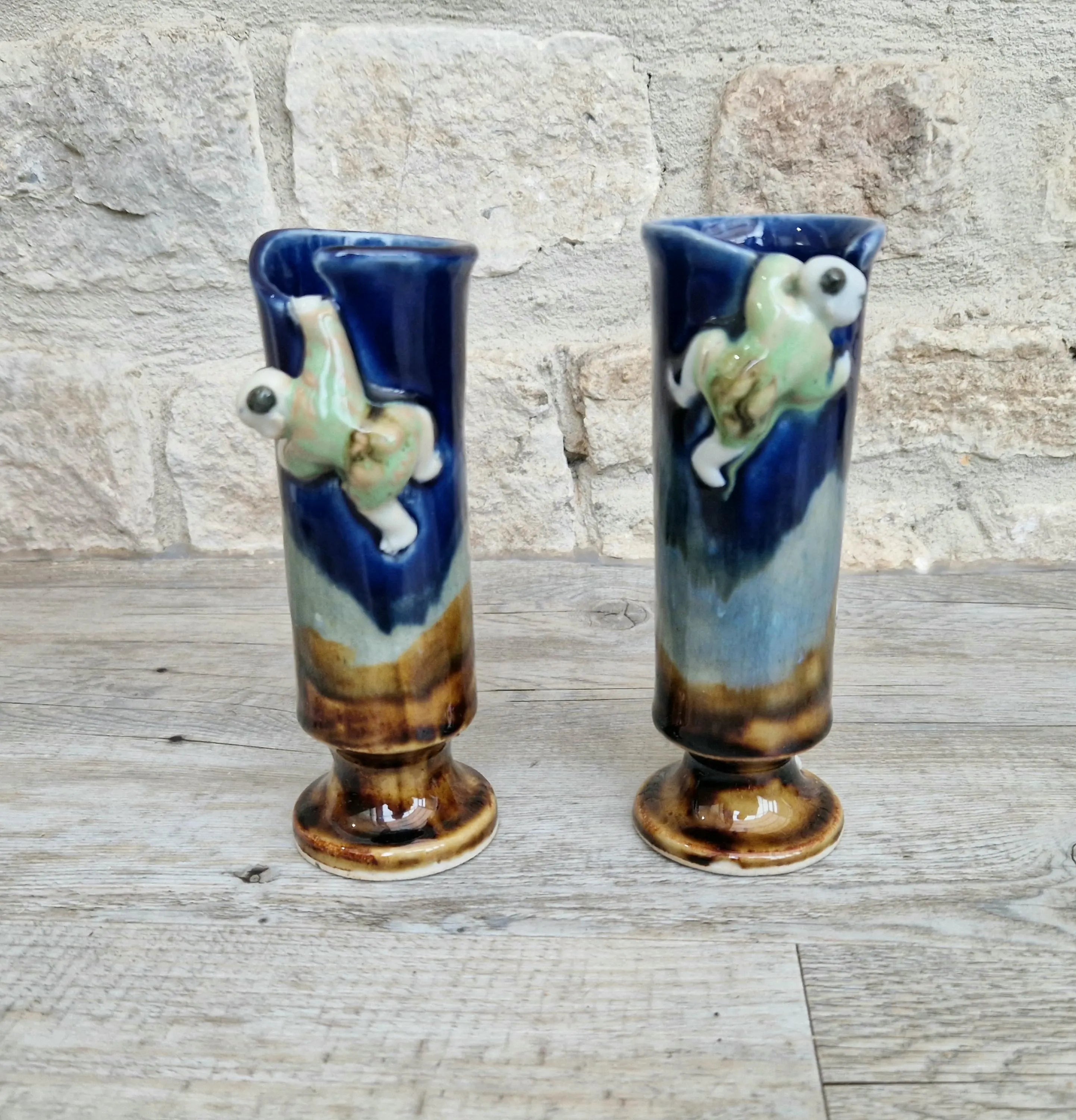Pair of Japanese Sumida Gawa Ceramic Spill Vases