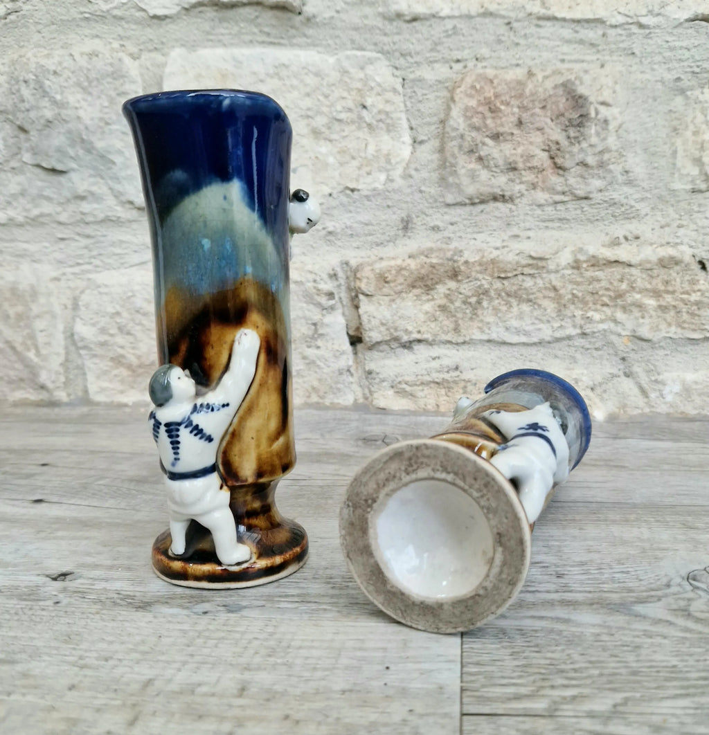 Pair of Japanese Sumida Gawa Ceramic Spill Vases