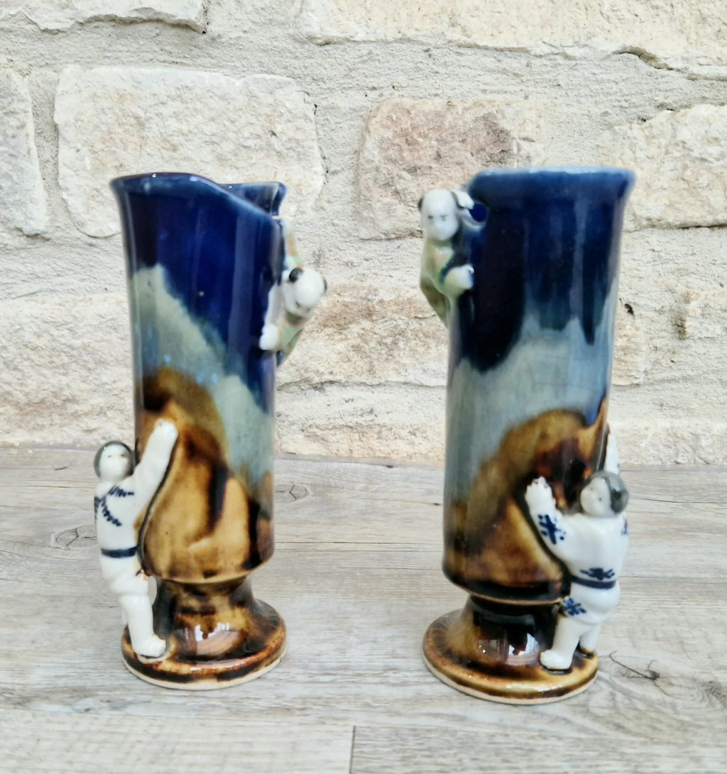 Pair of Japanese Sumida Gawa Ceramic Spill Vases