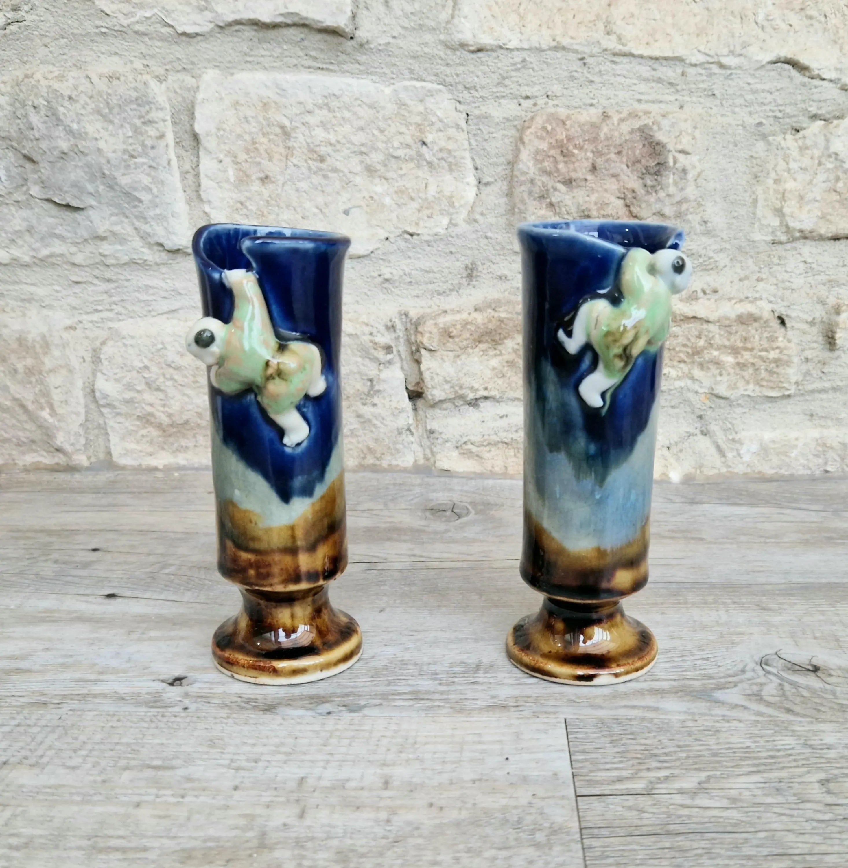 Pair of Japanese Sumida Gawa Ceramic Spill Vases