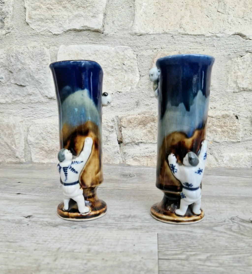 Pair of Japanese Sumida Gawa Ceramic Spill Vases