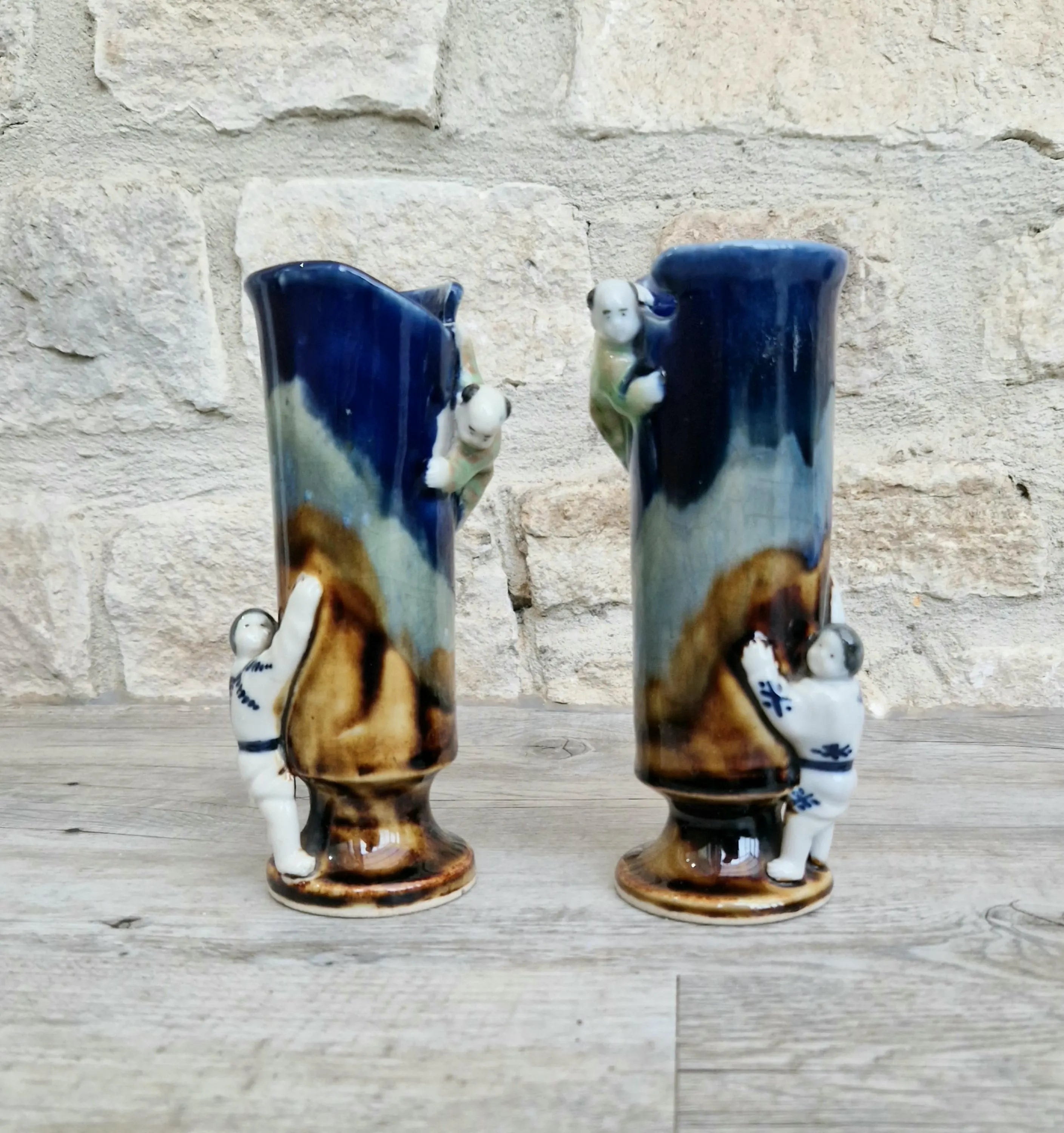 Pair of Japanese Sumida Gawa Ceramic Spill Vases